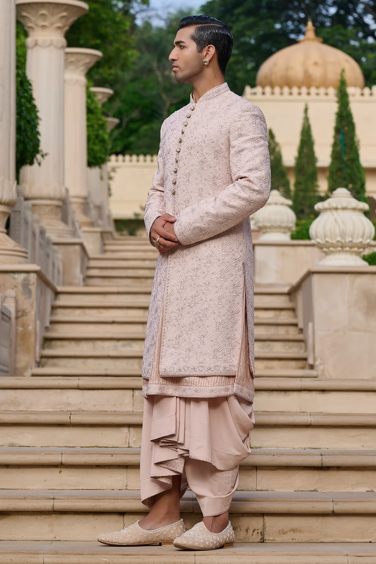 Chikankari Sherwani Set with Dhoti - Image 4