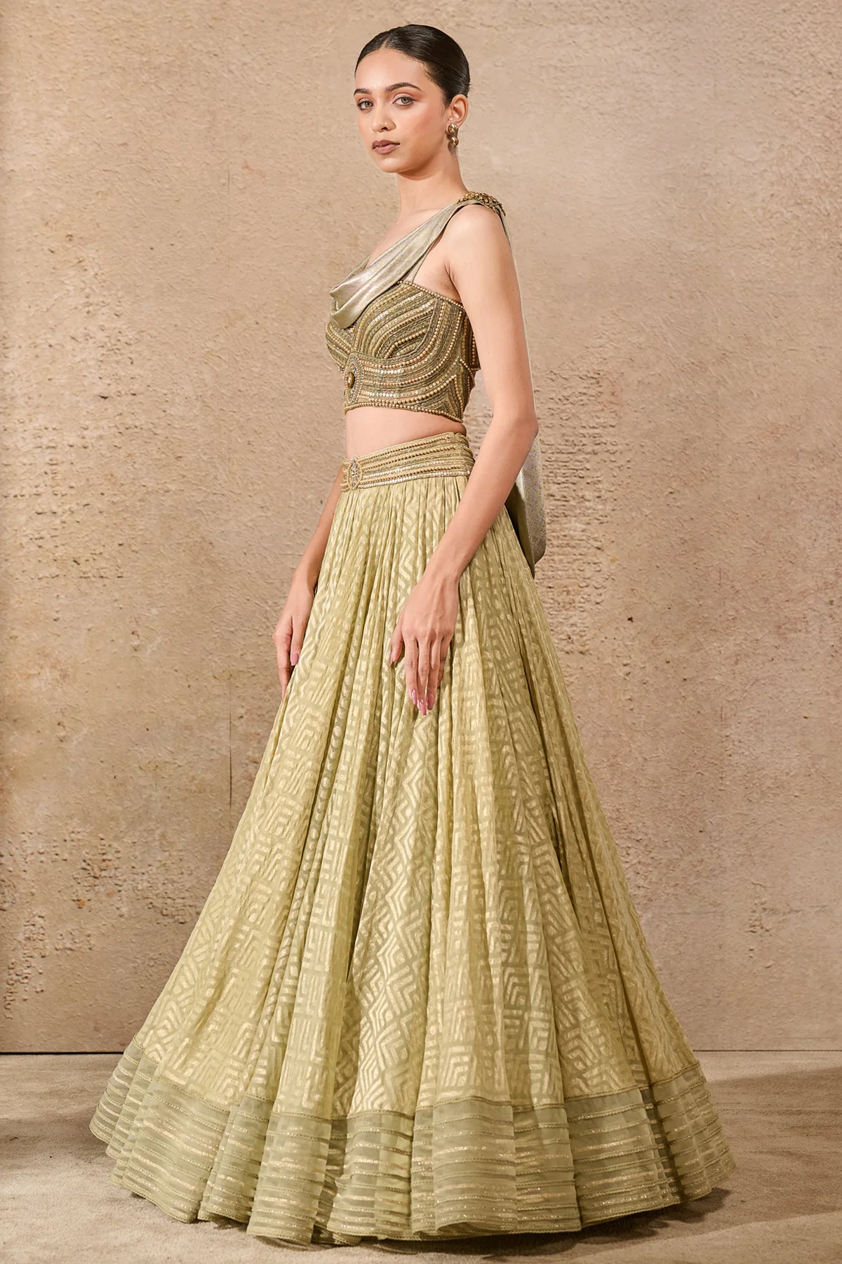 Cowl Drape Bustier & Textile Lehenga - Image 3