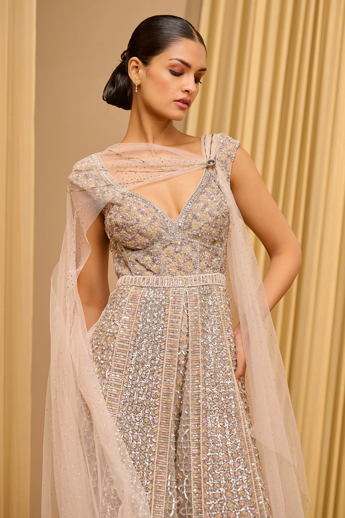 Crystal Embellished Jumpsuit With Cape - Image 3