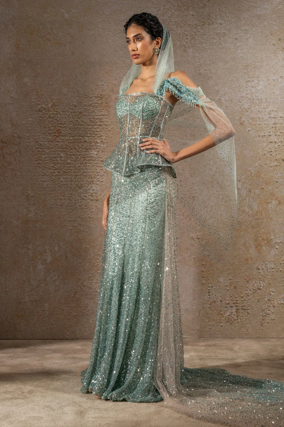 Crystal & Sequin Embroidered Lehenga Saree - Image 3