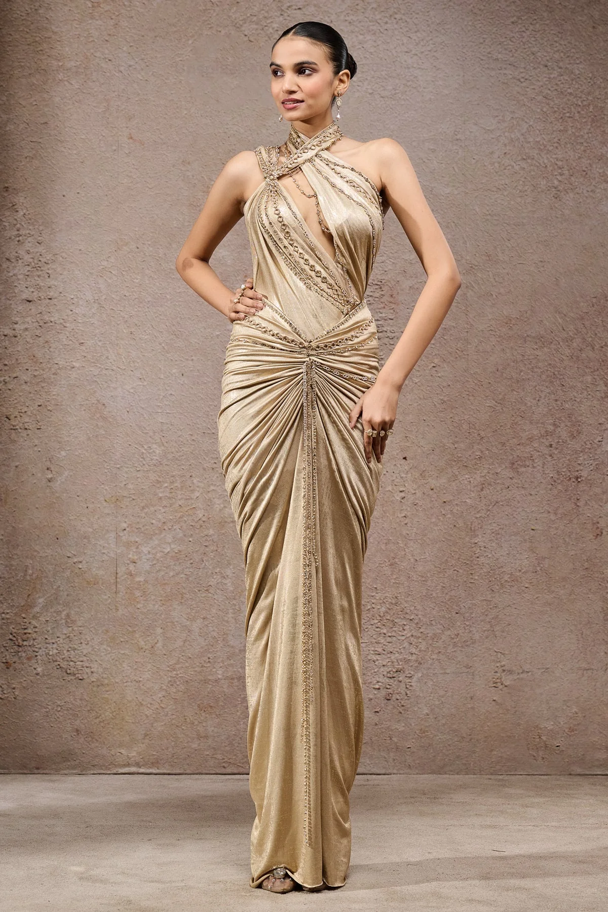 Gold Chain Draped Bodysuit & Skirt - Image 3