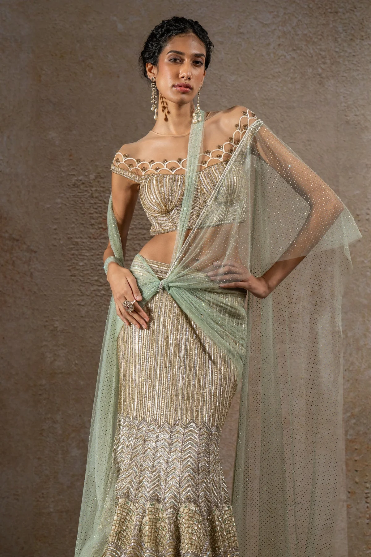 Hand Embroidered Sequin Fishtail Skirt & Corset Set - Image 3