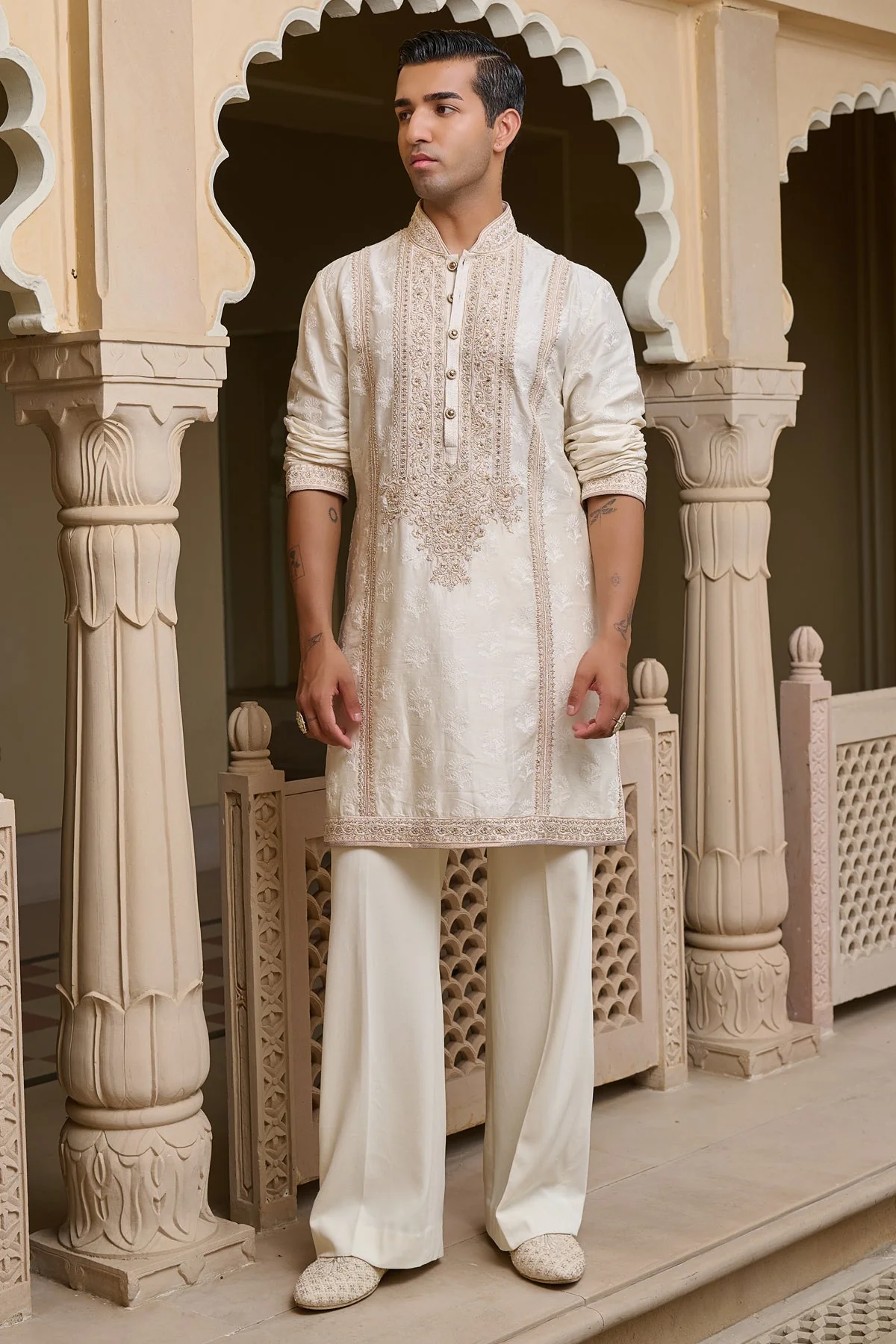 Ivory Textured Kurta Set with Pearl Detailing - Image 2