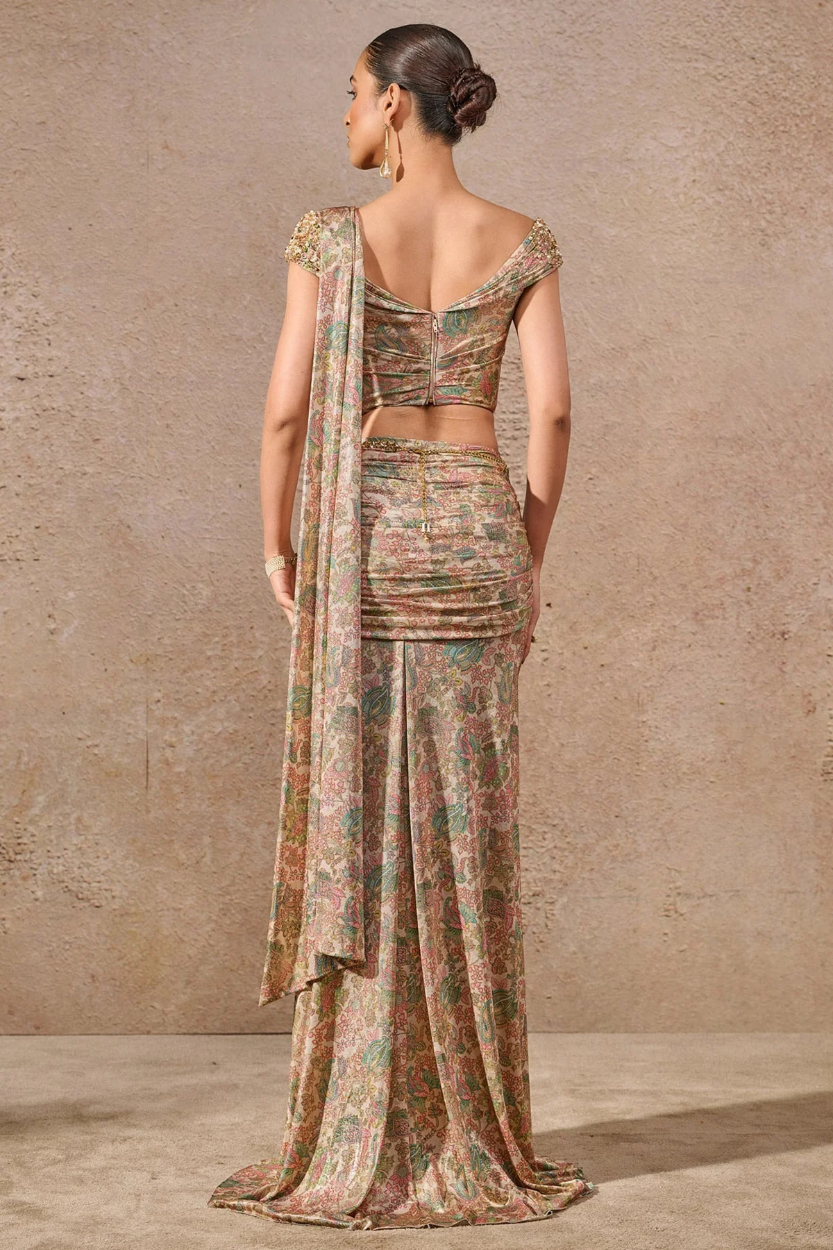 Printed Off Shoulder Concept Saree - Image 3