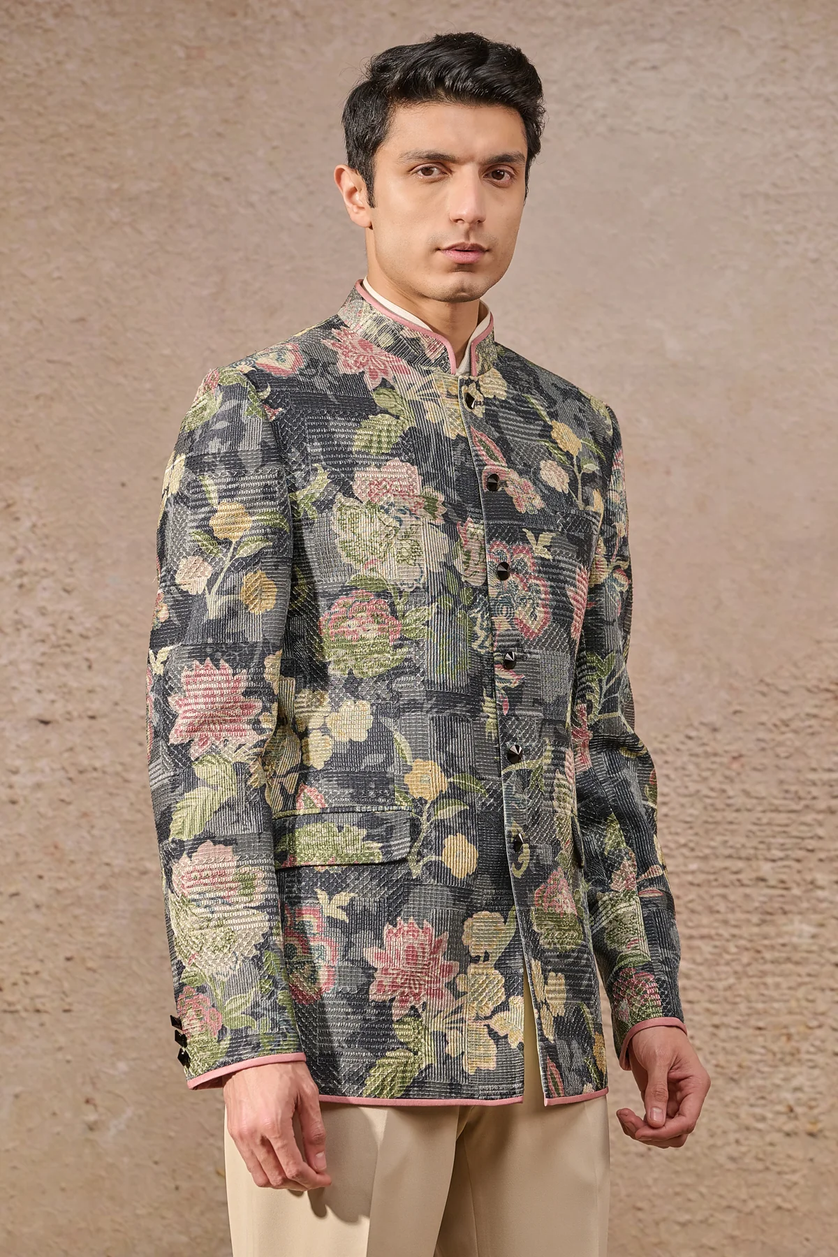 Textured Floral Bandhgala - Image 2